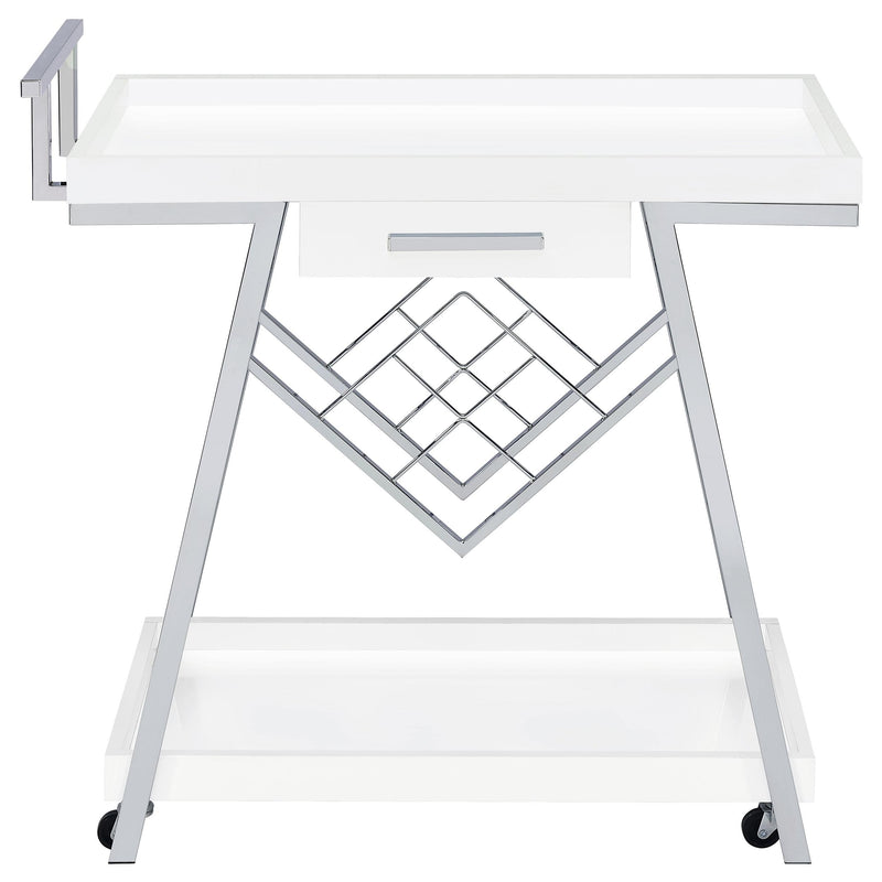 Coaster Furniture Kinney 181024 2-Tier Bar Cart with Storage Drawer - White High Gloss/Chrome IMAGE 4